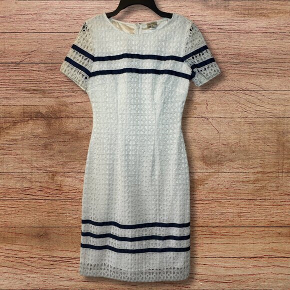 Cremeux White Lace Midi Dress with Navy Stripes - Size 0 - Picture 1 of 4